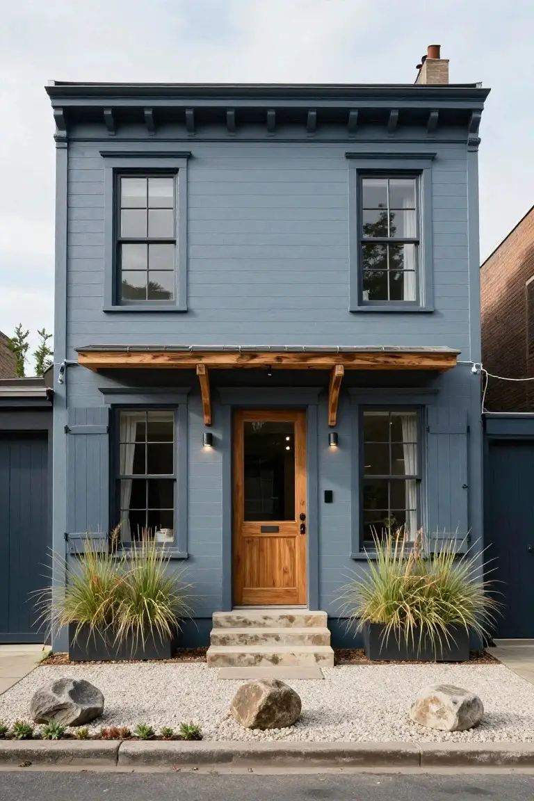 Two-story blue-grey clapboard house exterior with wooden awning porch over the front door, flanked by shutters and potted grasses, gravel yard with boulders in front.