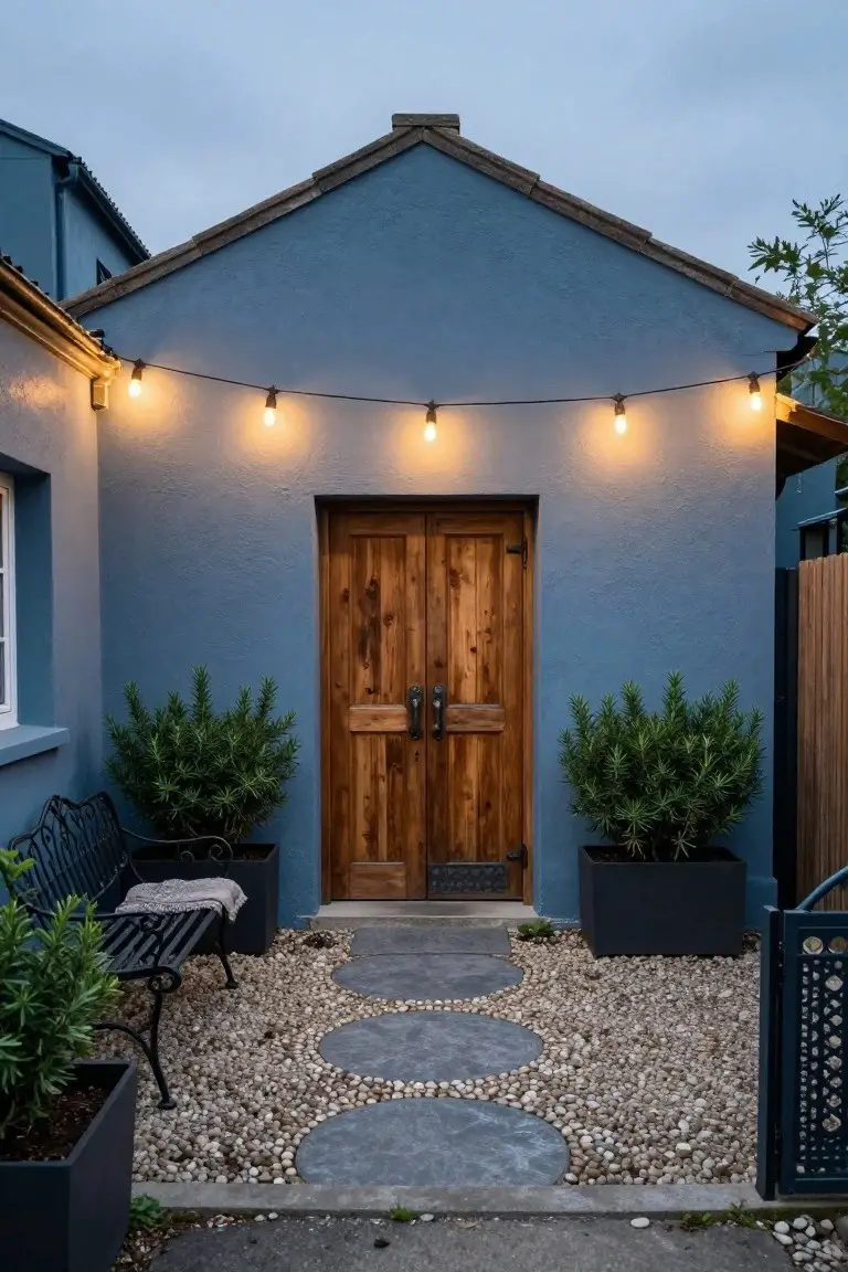 Blue-grey stucco house exterior at dusk with double wooden entry doors, overhead string lights, potted plants on either side, black metal bench with blanket, and curved pebble stone path.