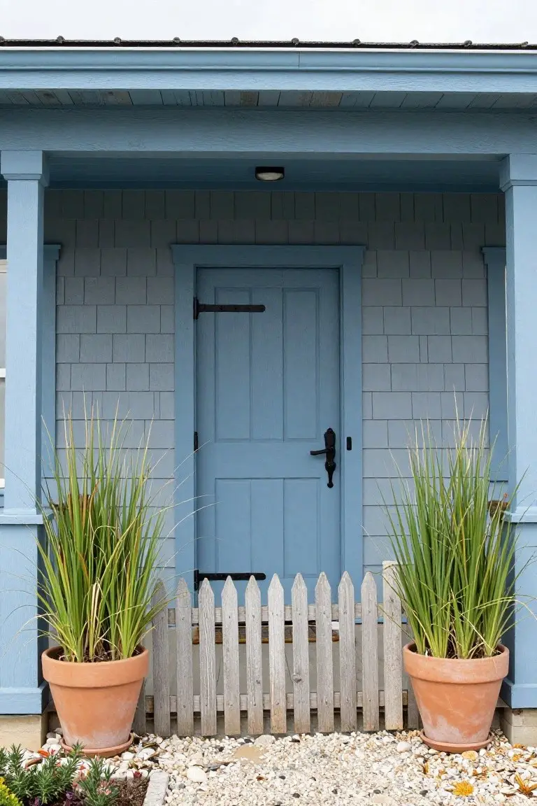 Front exterior of a house with pale blue-grey shingle siding, a deeper blue wooden door under a covered porch, large potted grasses on either side, and a small weathered white picket fence gate leading to a gravel path.