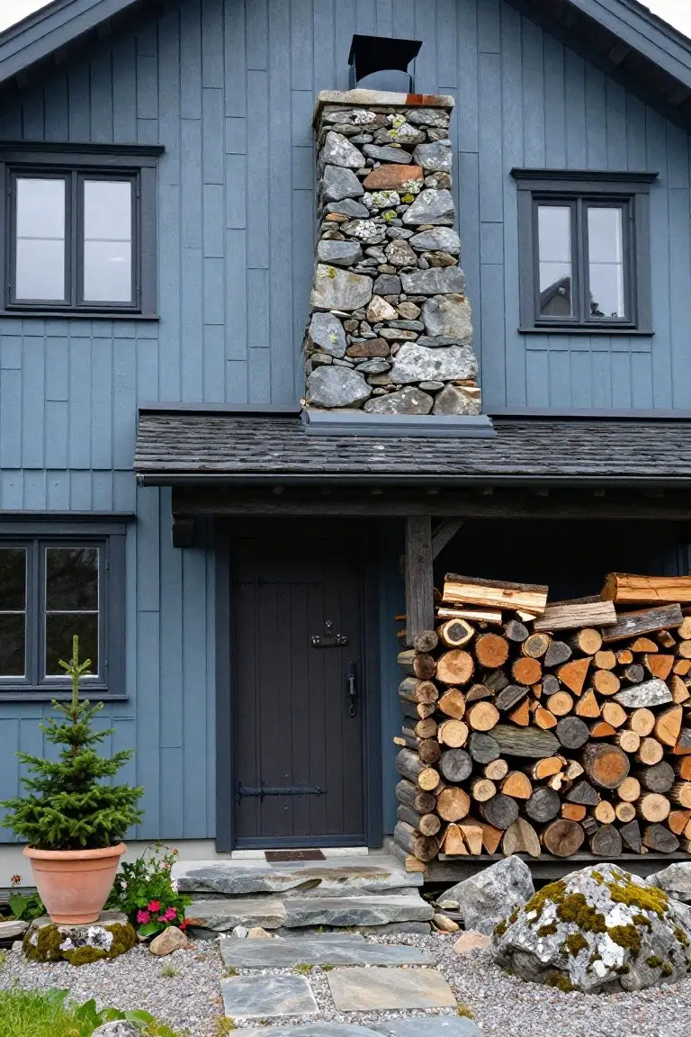 Front exterior of a two-story blue-grey vertical board house with a tall irregular stone chimney, dark wood door under a covered entry, stacked firewood, black-framed windows, potted small pine tree, and gravel yard with mossy rocks.