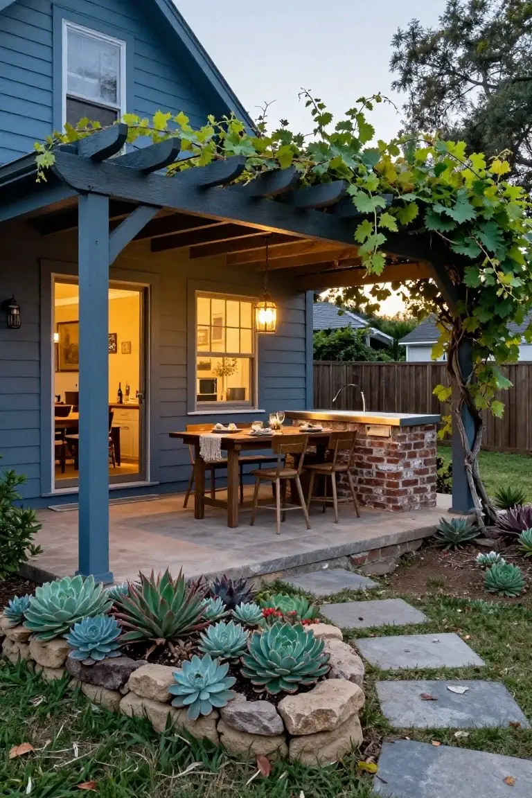 Blue clapboard house with dark wood pergola covered in green grapevines over concrete patio, wooden dining table with chairs, brick outdoor kitchen island with sink, and rock-edged succulent garden.
