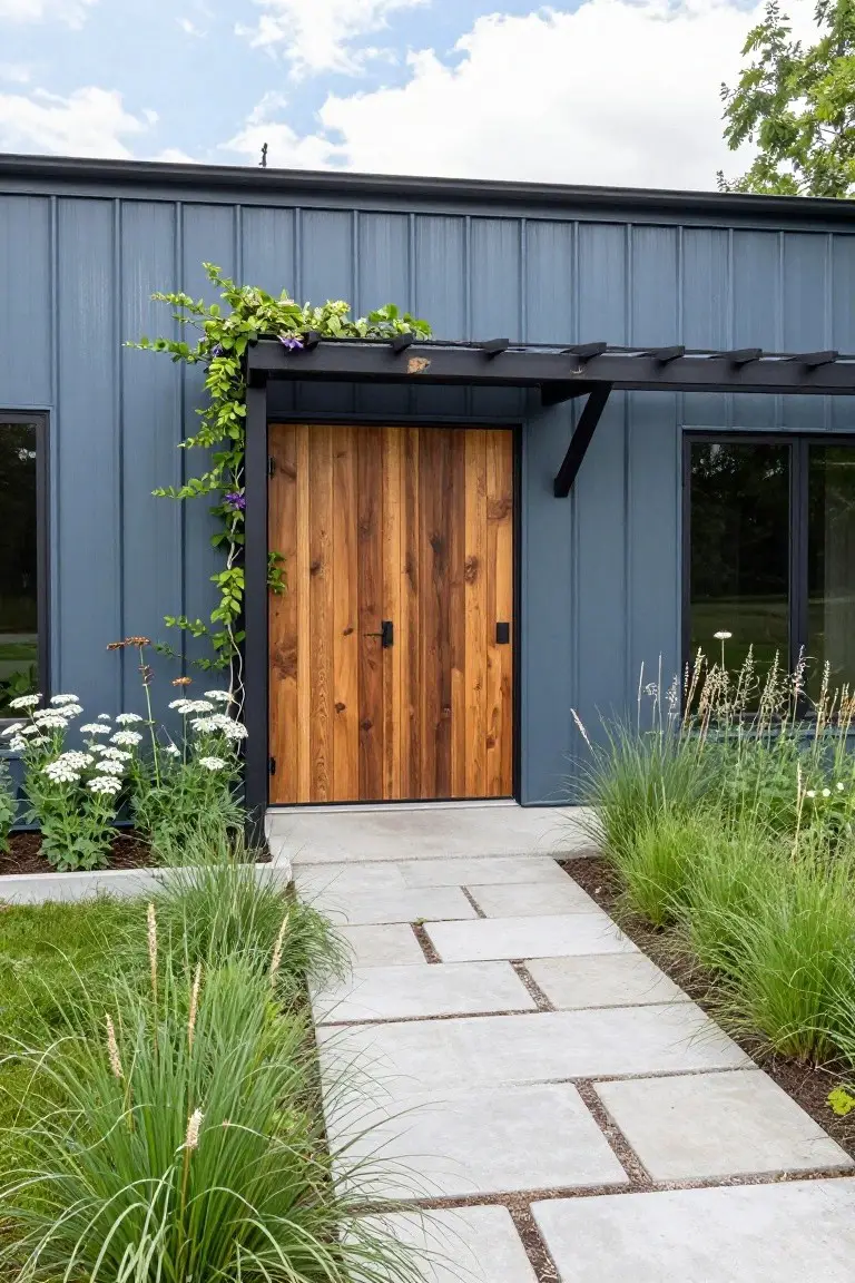 Blue-grey corrugated metal siding house exterior with double vertical wood entry doors under a black pergola draped in green vines, white flower clusters and ornamental grasses bordering a concrete slab pathway.
