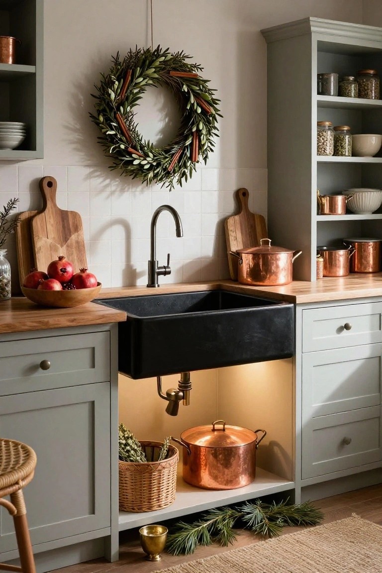 Sage green kitchen with oak butcher block countertop and black farmhouse sink, copper pots and pans on open shelving and under-sink storage, olive leaf wreath with cinnamon sticks above the sink, wooden bowl of pomegranates on counter, and fir branches on floor.