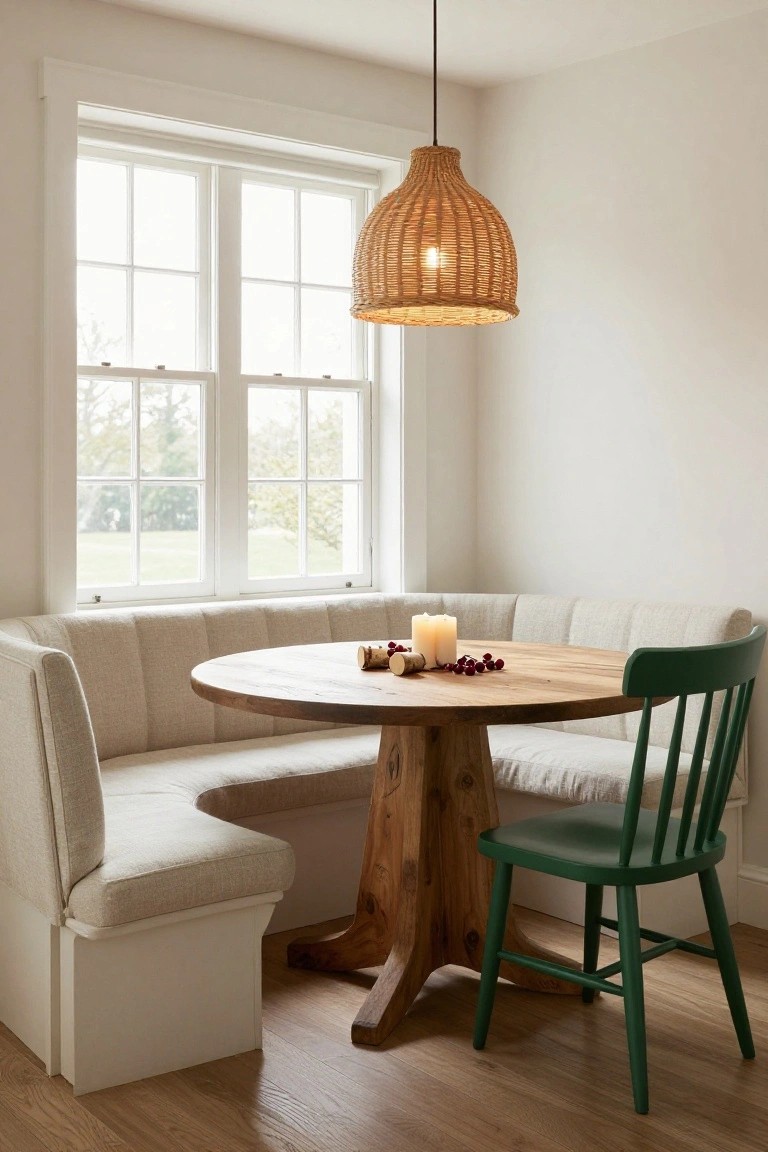 Beige tufted booth seating in a light interior corner around a round wooden pedestal table topped with candles and berries, one green ladder-back chair, rattan pendant light, and double window overlooking outdoors.
