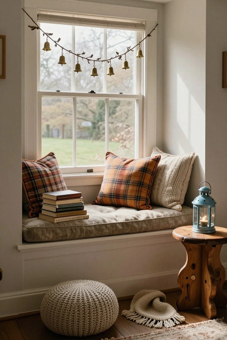 Cozy window seat with plaid cushions, stacked books, lantern, and soft decor accents.