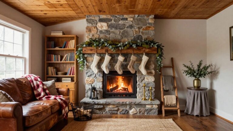 Rustic living room interior with stone fireplace burning brightly, wooden beam mantel with hanging white knit Christmas stockings, eucalyptus wreath on stone surround, candles and brass accents on mantel, leather armchair with plaid throw nearby.