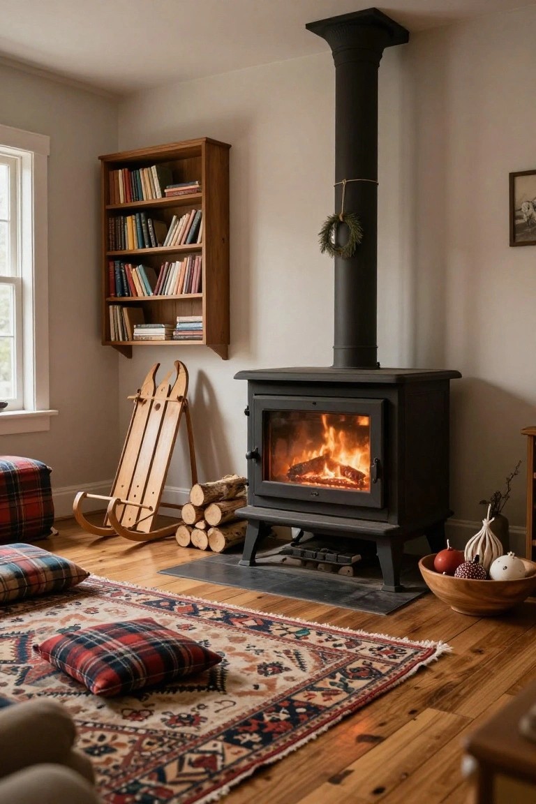 Cozy living room with a black stove, plaid cushions, bookshelf, and warm lighting.