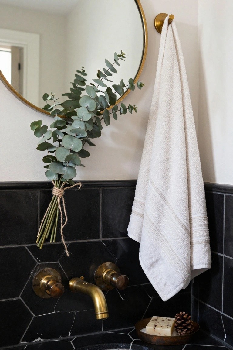 Bathroom vanity corner with black hexagonal tile backsplash, gold faucet and handles, round gold mirror, twine-tied eucalyptus bundle hanging nearby, white towel on brass hook, and copper dish holding soap bar and pinecone.