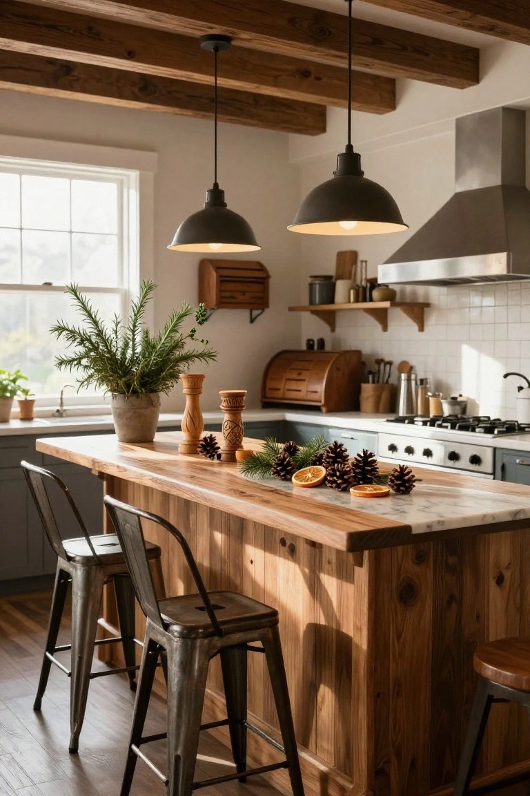 Rustic kitchen interior with exposed wooden ceiling beams, black metal pendant lights over a wooden island counter displaying pinecones, orange slices, wooden candles, and ferns, with metal bar stools and blue cabinets in the background.