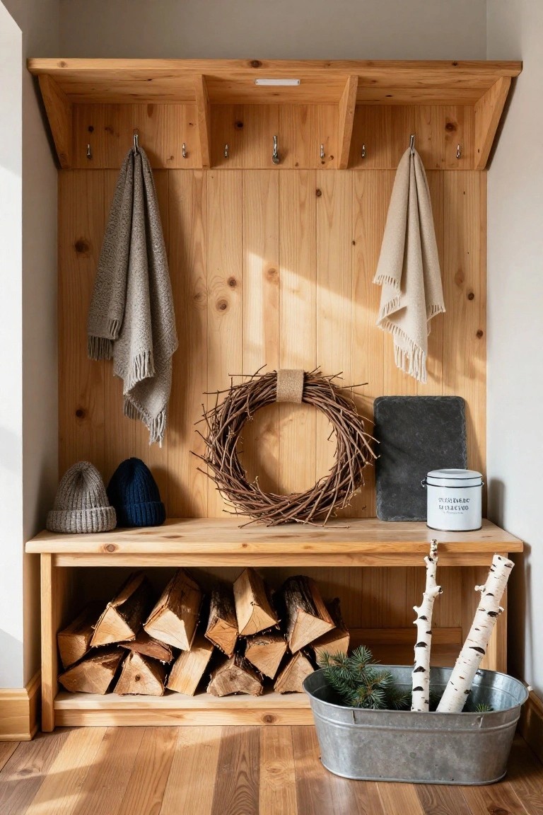 Wooden mudroom featuring a bench with firewood stored underneath, coat hooks holding gray and beige scarves, two knit hats on the bench, a twig wreath, slate board, metal bucket, birch branches, and pine sprigs in a galvanized tub.