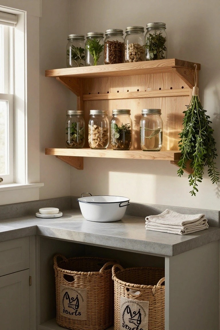 Kitchen corner with open oak shelving holding glass jars of herbs, nuts, and spices, hanging herb bundles, concrete countertop with white bowl, soap dish, linen towels, and two labeled wicker baskets in cabinets below.