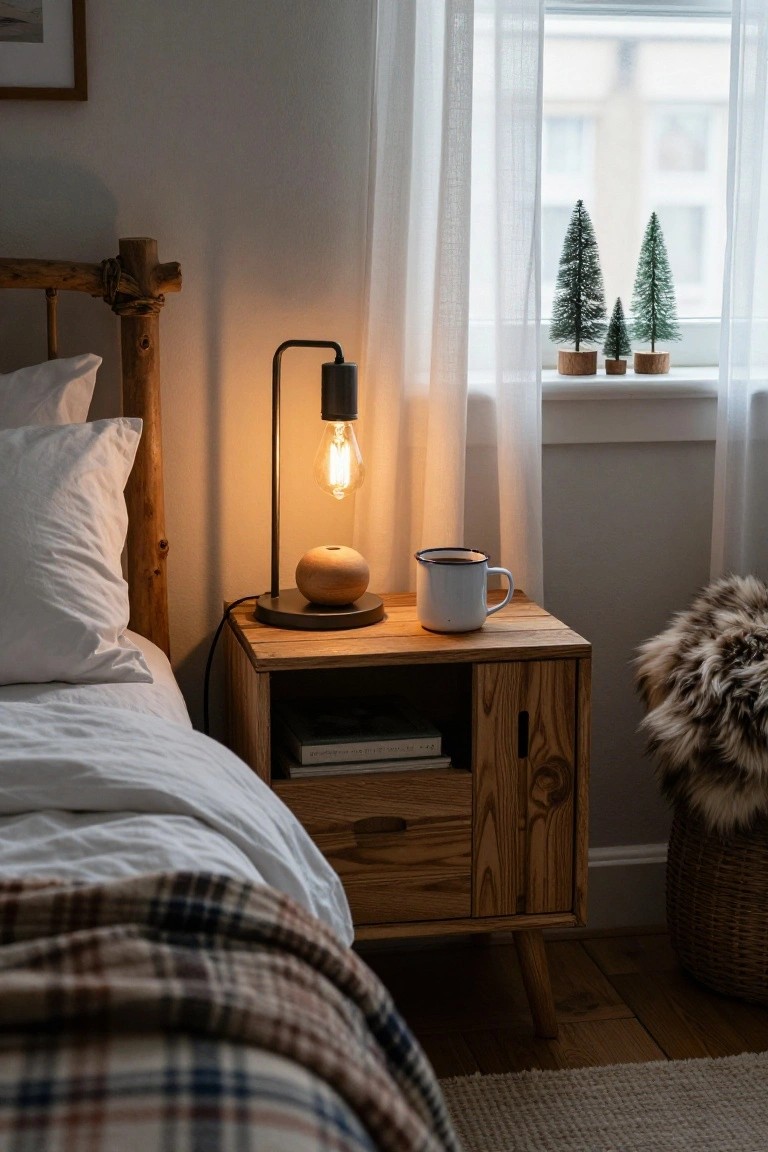 Wooden nightstand beside a bed with log headboard, holding a gooseneck lamp with Edison bulb, enamel mug, wooden orb, and books, with mini Christmas trees on the windowsill and sheer curtains in a light bedroom.