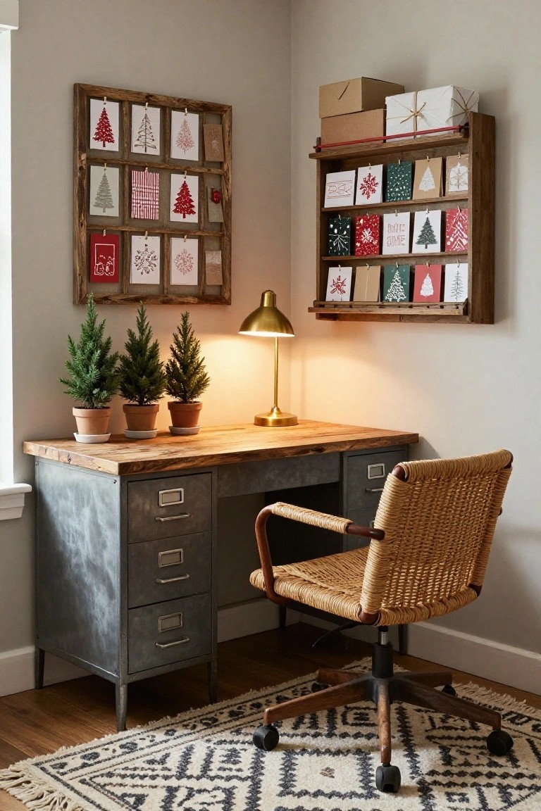 Corner workspace in a light gray room with wooden-topped metal desk, rattan chair on wheels, three small potted evergreen trees, brass lamp, and rustic wooden wall frames and shelves displaying assorted Christmas cards and small boxes.