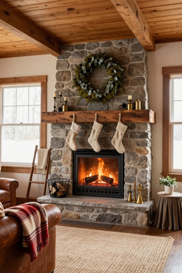 Rustic living room interior with stone fireplace burning brightly, wooden beam mantel with hanging white knit Christmas stockings, eucalyptus wreath on stone surround, candles and brass accents on mantel, leather armchair with plaid throw nearby.