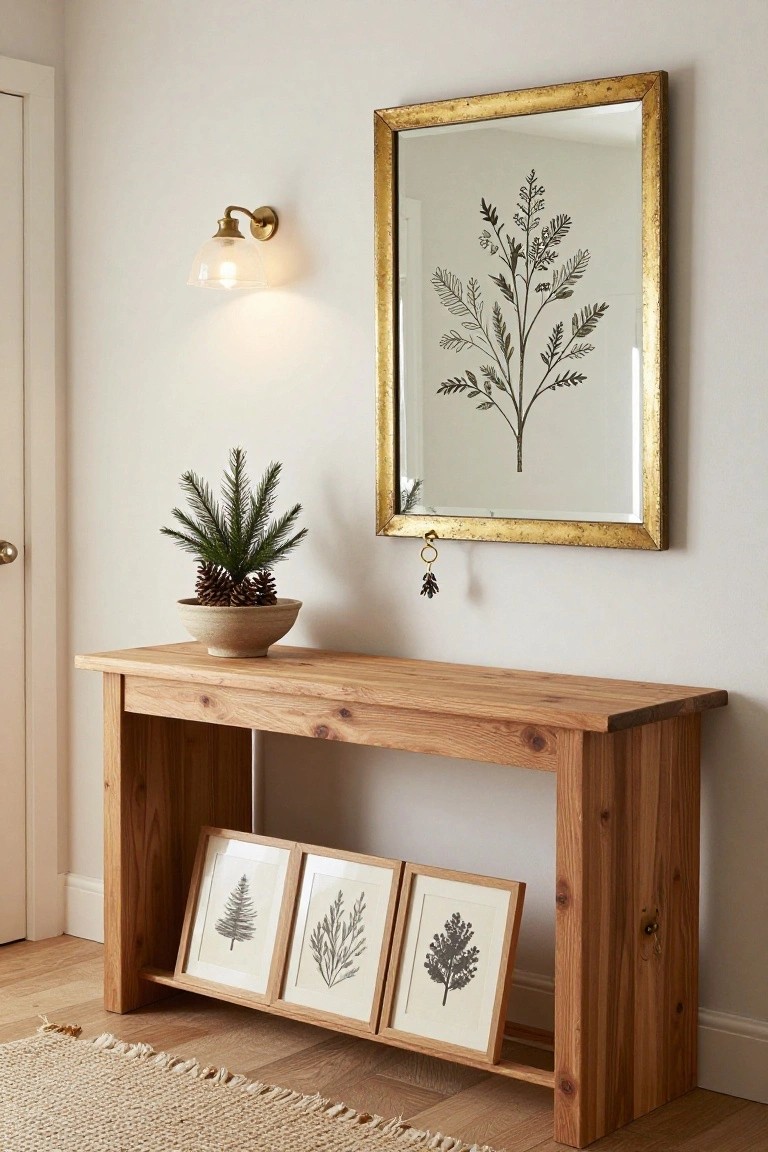 Light hallway corner with low natural wood console table holding beige pot with small potted pine tree and pinecones, three oak-framed black line art prints of pine tree and ferns leaning on lower shelf, large gold-framed mirror with fern graphic above, brass wall sconce lit nearby, white door and beige walls.