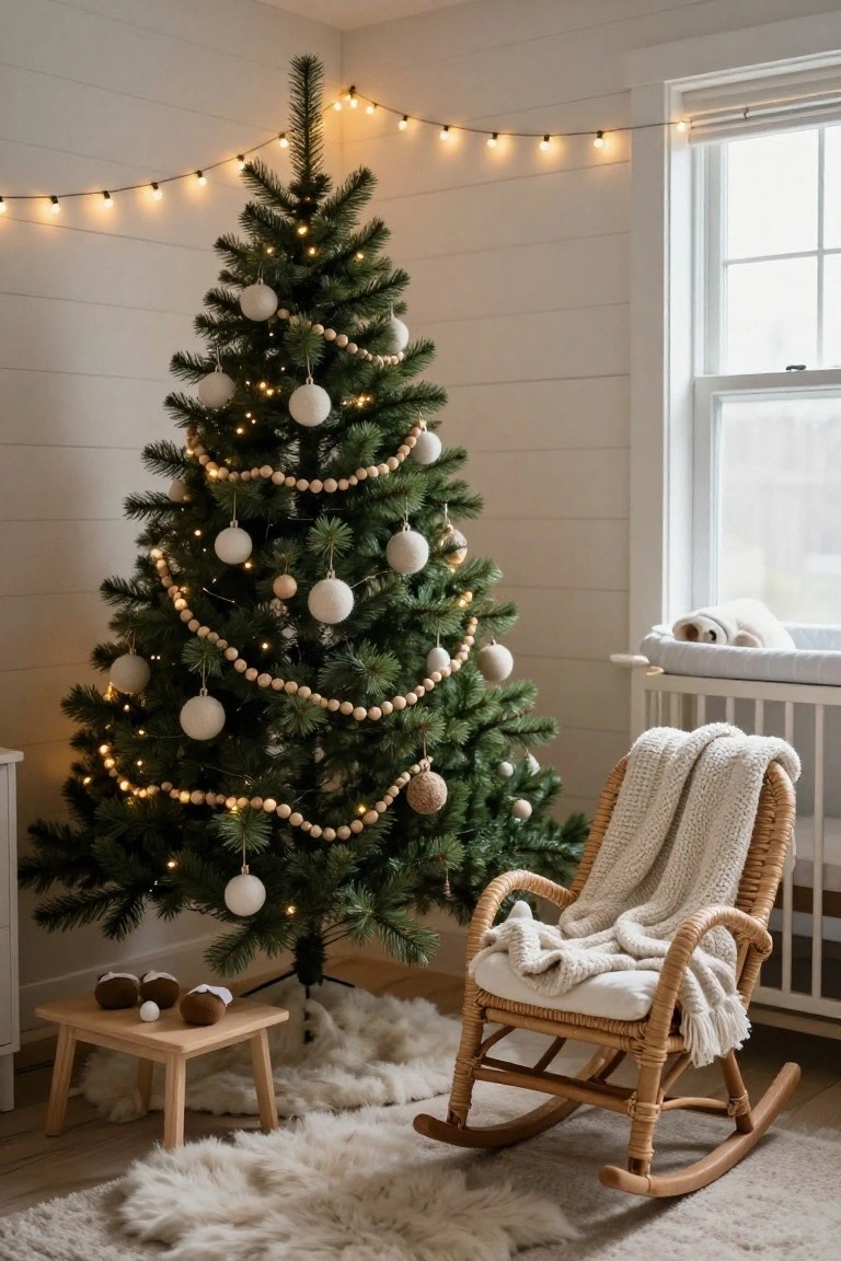 White-walled nursery corner with a lit evergreen Christmas tree decorated in wooden bead garlands, white wool balls, and fairy lights, next to a white crib holding a teddy bear and a rattan rocking chair draped in a white knit throw on a sheepskin rug.