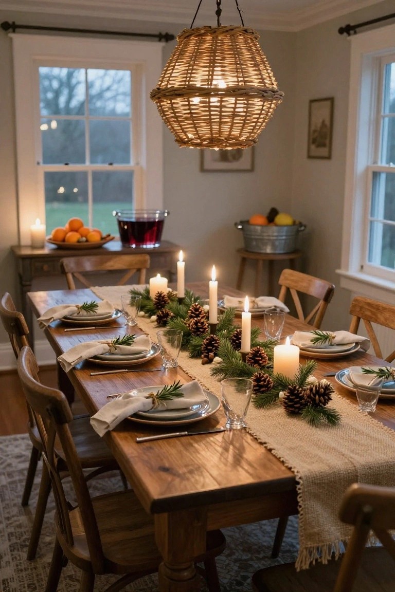 Dining table set for Christmas with beige burlap runner topped by pine branches, pinecones, taper candles, glassware, plates, and napkins tied with greenery, surrounded by wooden chairs in a light gray room with windows and wicker pendant light.