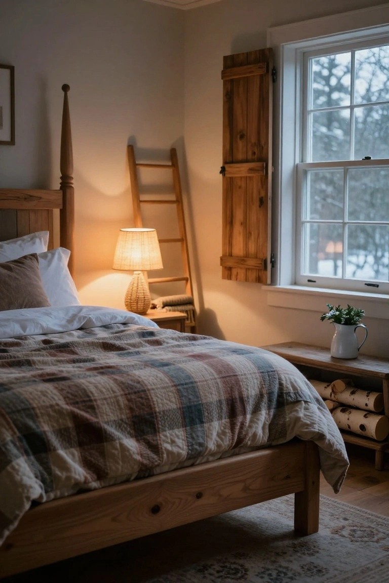 Wooden bed with white sheets and colorful plaid quilt in a cozy bedroom, beside a lamp on a wooden nightstand holding firewood, with a leaning wooden ladder and shuttered window showing snow outside.