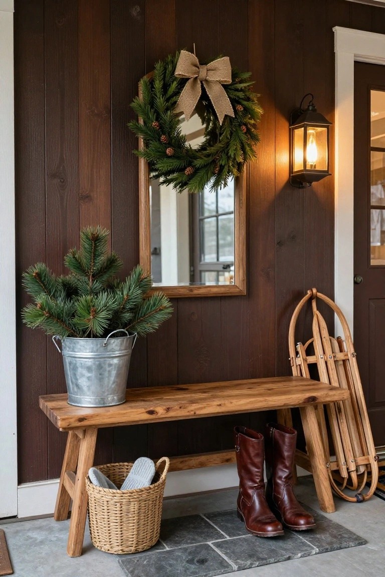 Wooden porch bench on dark wood siding exterior with pine branches in galvanized bucket, basket of slippers, brown leather boots, wooden skis leaning nearby, Christmas wreath on mirror, lit lantern by door.