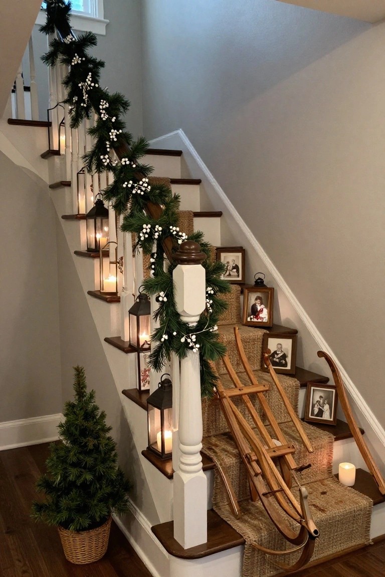 Wooden staircase with evergreen garland wrapped around the railing, white berry accents, multiple metal lanterns with candles on steps and landings, vintage photo frames placed on risers, a wooden sled leaning near the base, and a small potted Christmas tree on the floor nearby.