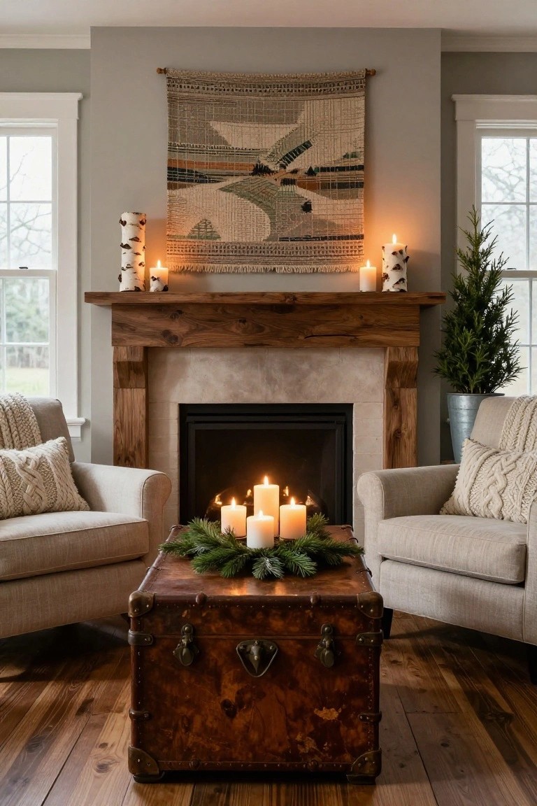 Living room interior featuring a wooden fireplace with gas fire, two beige armchairs with knit pillows flanking a brown leather trunk coffee table topped with lit white pillar candles and evergreen branches, birch-wrapped candles on the mantel, a small potted evergreen tree, and a woven wall hanging above.