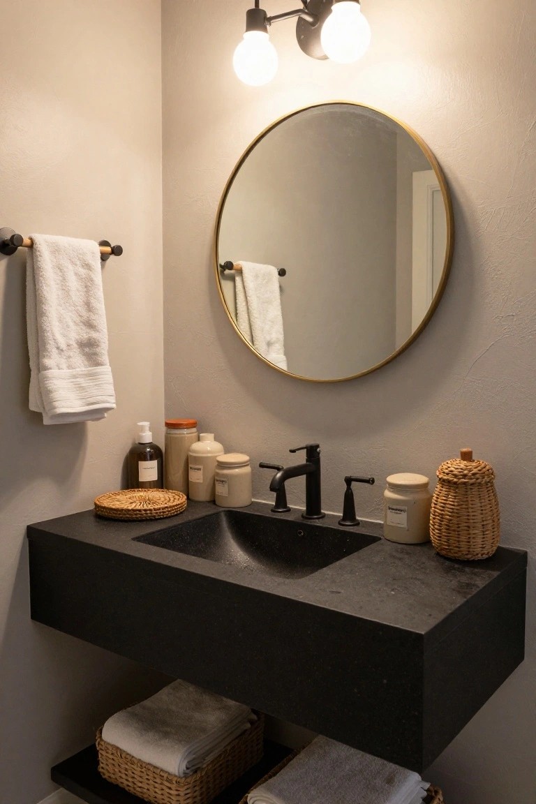 A corner bathroom with beige walls, black floating stone vanity and sink, round gold mirror, white towels on a wood bar, jars and bottles on the counter, and woven baskets holding folded towels on open shelves below the vanity.