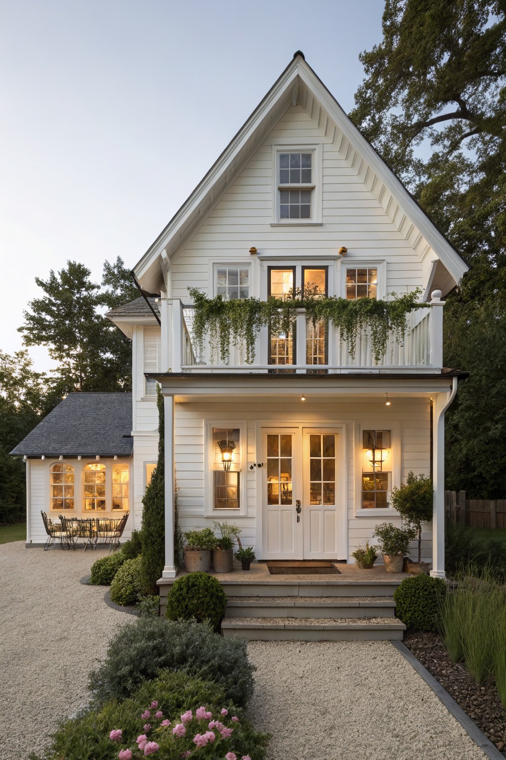 Two-story white clapboard farmhouse with gabled roof, upper balcony with greenery, covered front porch featuring double doors and lanterns, side room addition, potted plants, boxwoods, gravel path, and surrounding trees at dusk.