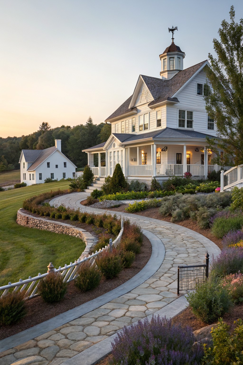 White two-story farmhouse with gray shingle roof, octagonal cupola topped by weather vane, wraparound front porch, curving flagstone path with stone retaining walls, shrubs, and perennials on a grassy hillside.
