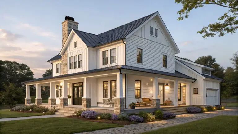 White board-and-batten sided farmhouse with black metal roof, tall stone chimney, wraparound porch supported by columns, hanging lanterns, potted plants, stone steps, gravel driveway, and surrounding shrubs and grasses at dusk.