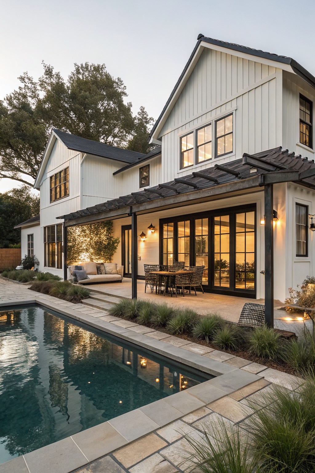 Rear view of a two-story white board-and-batten farmhouse with black metal roof and pergola-covered patio including sofa, dining table, and chairs, next to a rectangular pool edged in stone pavers and grasses, lit at dusk.