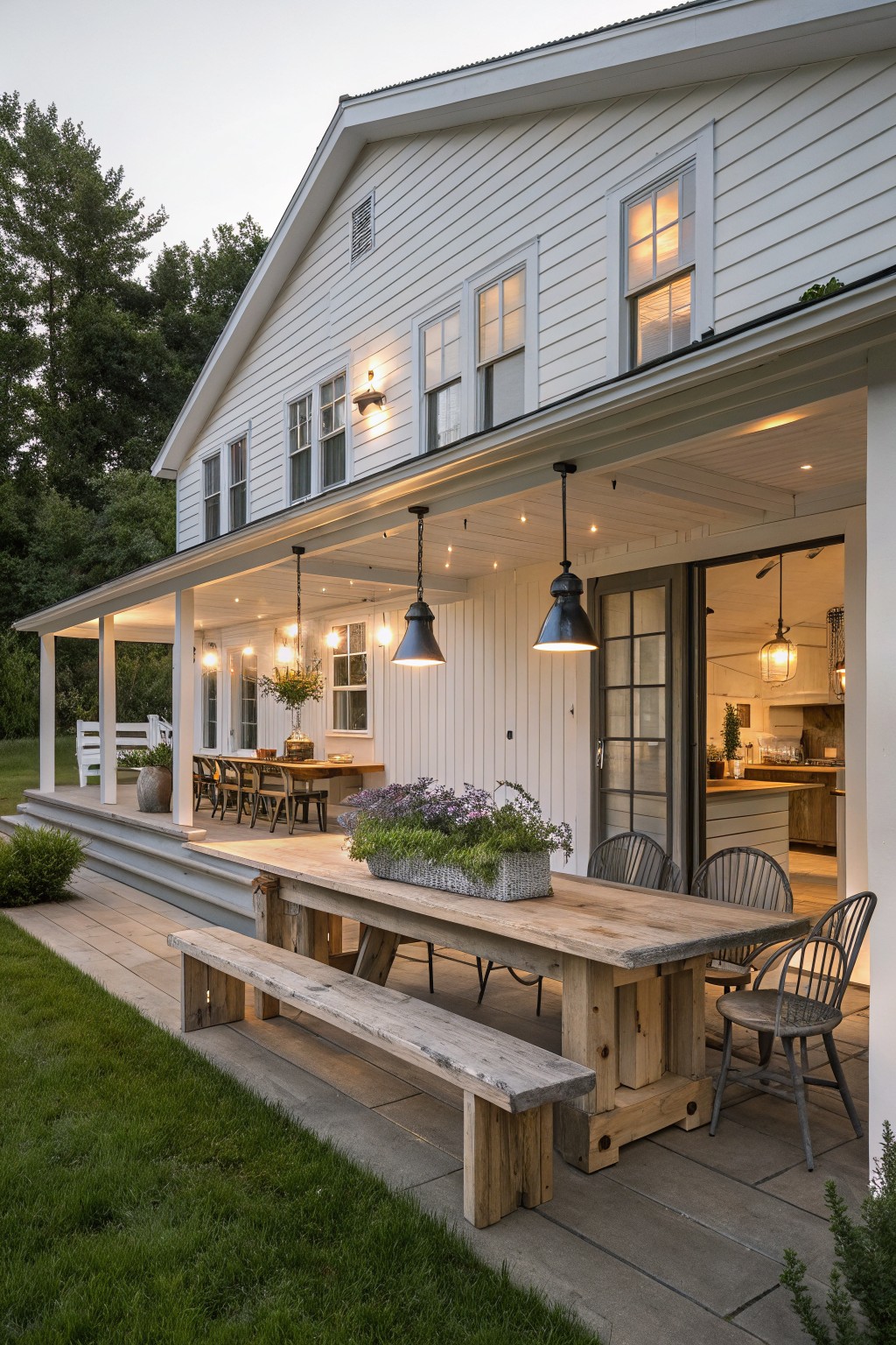 Side view of a white clapboard farmhouse with wraparound porch, long wooden dining table with benches and chairs, pendant lights, potted plants, and open sliding doors to kitchen in evening light.