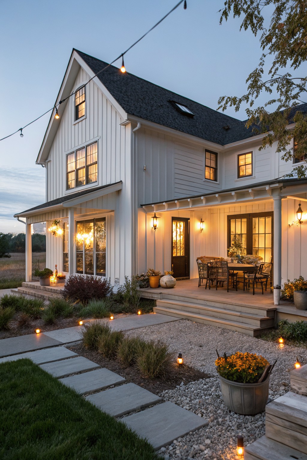 White board-and-batten farmhouse exterior at dusk with wraparound porch, outdoor dining table and chairs, overhead string lights, wall-mounted lanterns, ground lanterns along concrete paver pathway with gravel edges, potted plants, and lawn.