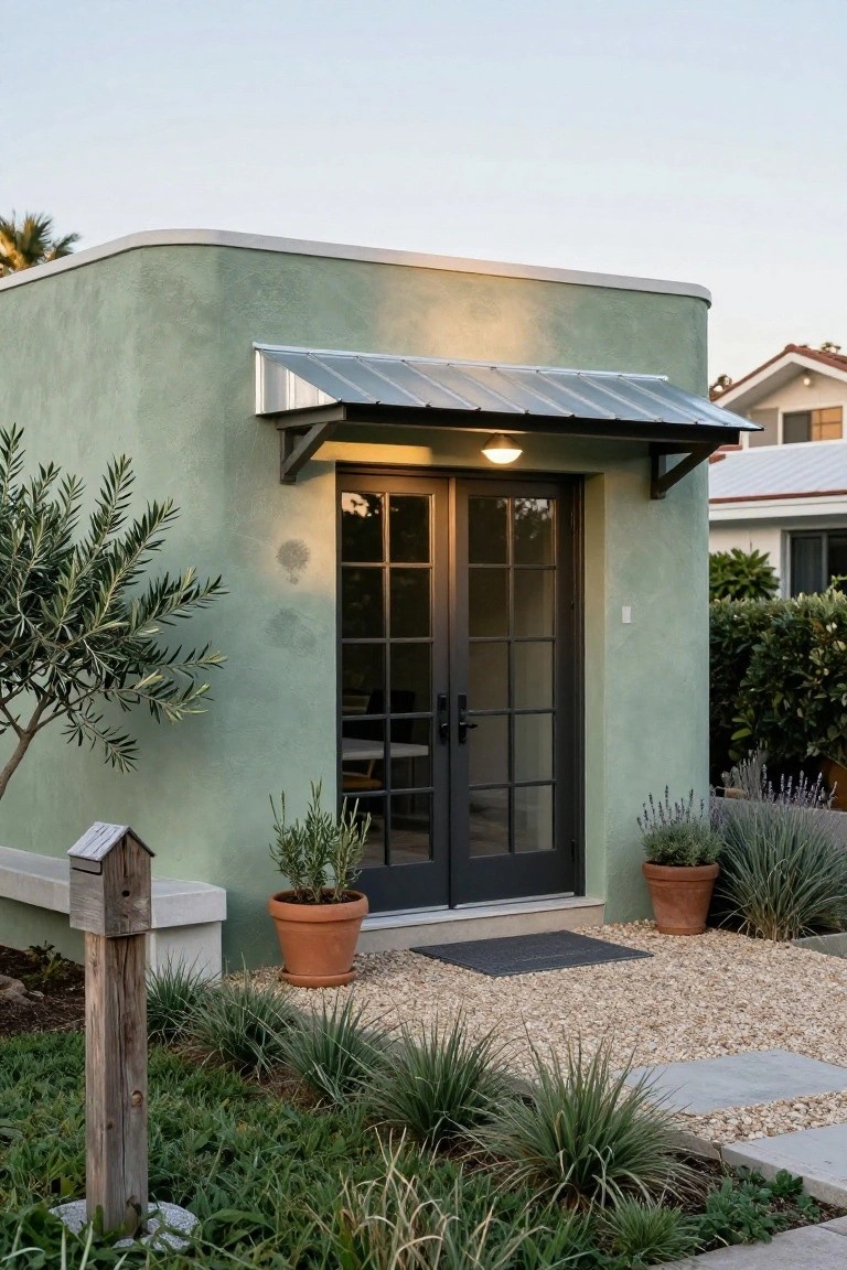 Sage green stucco building with curved walls and double black-framed glass doors under a supported metal awning, surrounded by potted plants, olive tree, birdhouse on post, and gravel entry path.