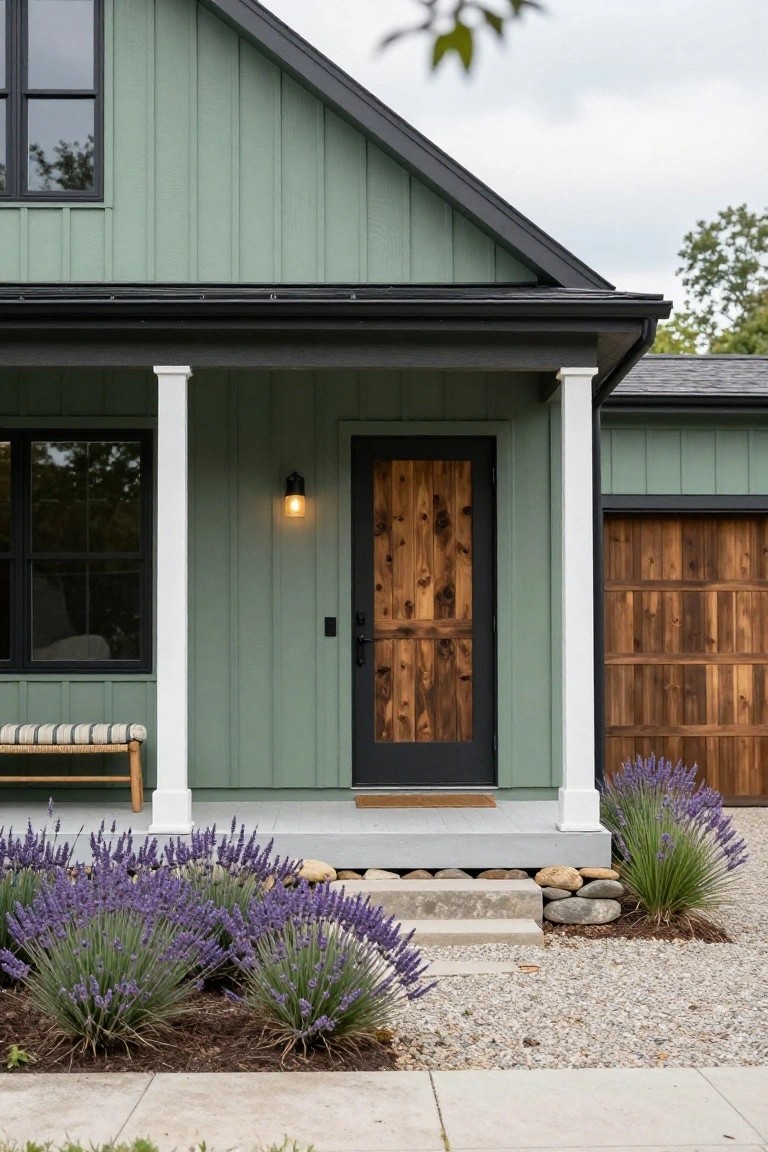 Sage green vertical board-and-batten house exterior with dark knotted wood front door, white porch columns, black window frames, attached wood garage door, and lavender plants by the steps.