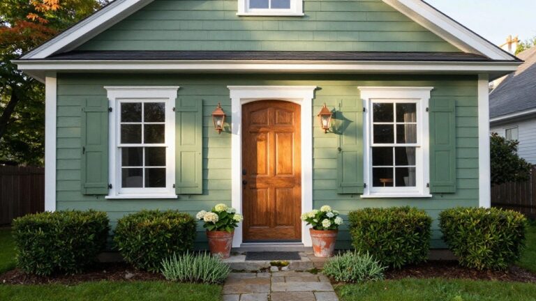 19 Sage Green House Exteriors That Always Stay in Style Sage green clapboard house exterior featuring a dark wood paneled front door flanked by large terracotta pots of blue and lime green hydrangeas, copper lanterns, white trim, stone entry steps, and flagstone path.