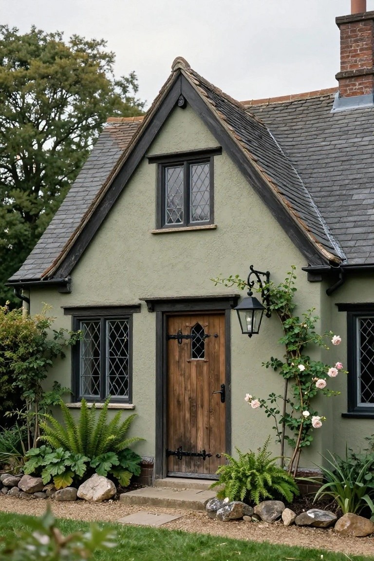 Sage green half-timbered house exterior with black timber framing, leaded glass windows, wooden door with iron fittings, black lantern light, climbing pink roses, ferns, large rocks, gravel path, and surrounding plants.