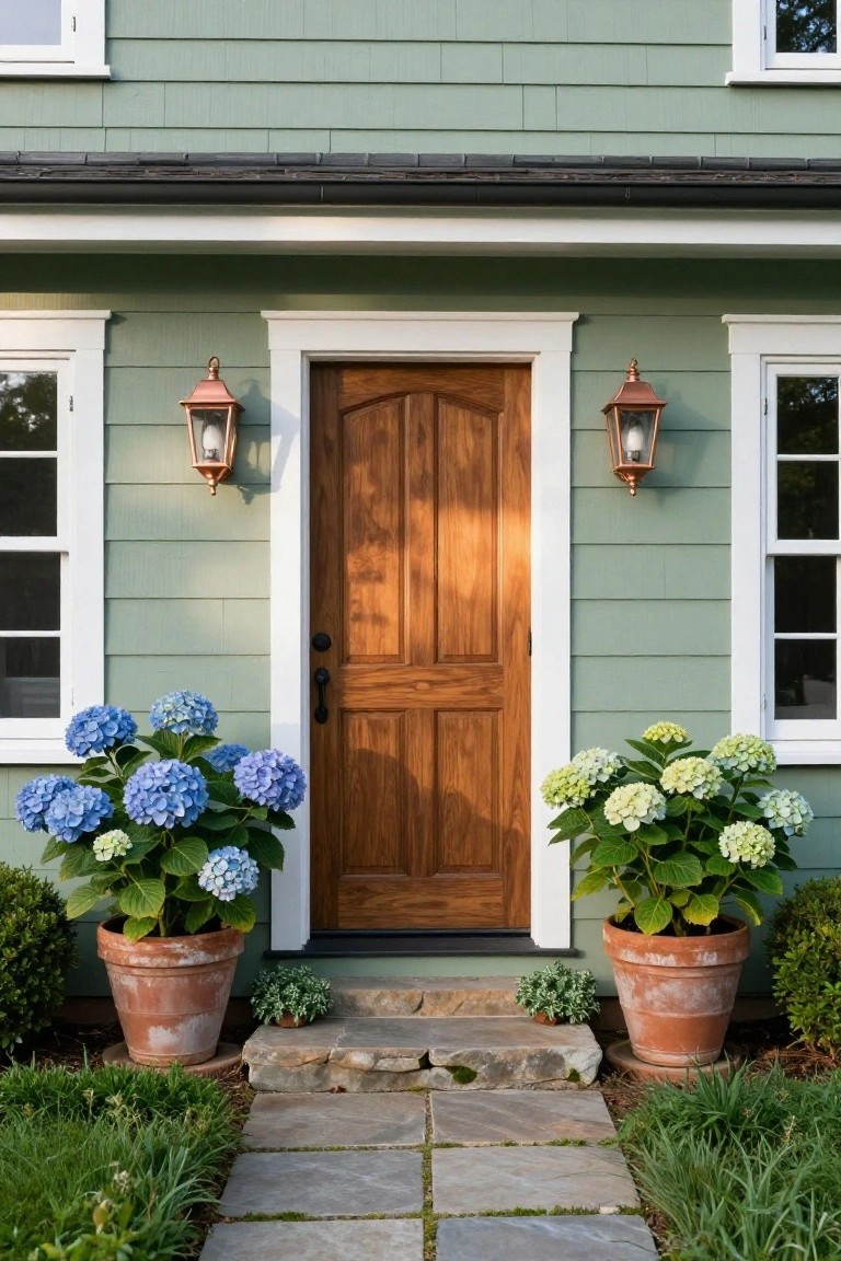 Sage green clapboard house exterior featuring a dark wood paneled front door flanked by large terracotta pots of blue and lime green hydrangeas, copper lanterns, white trim, stone entry steps, and flagstone path.