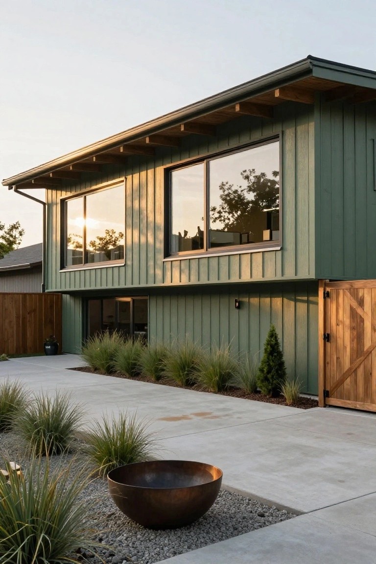 Side view of a sage green vertical board-and-batten house exterior featuring large reflective windows, wooden gate, concrete driveway, ornamental grasses, and a large bronze bowl planter.