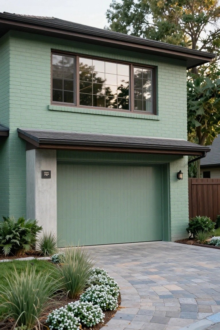 Two-story house with sage green brick exterior, large matching green paneled garage door, concrete support pillar, dark roof overhang, paver driveway, and low landscaping with grasses and white flowers.