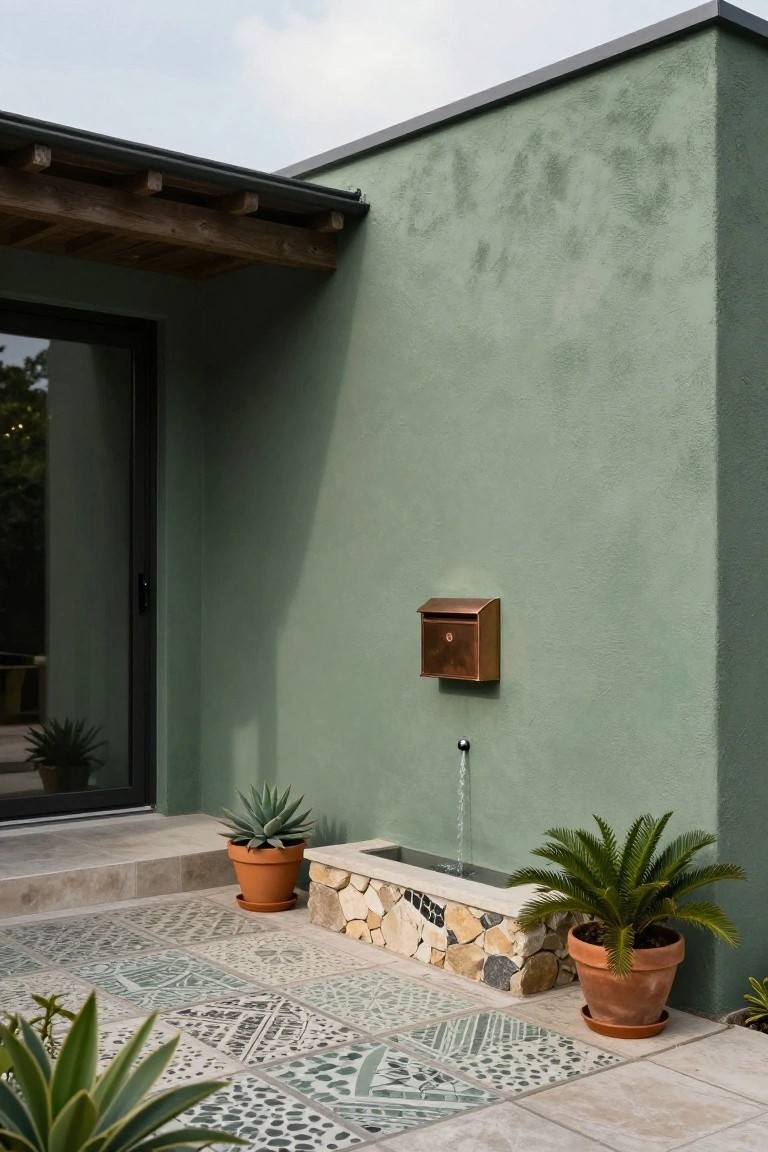 Sage green stucco wall of a house with black-framed glass entry door, copper mailbox, wall-mounted fountain flowing into stone basin on tiled patio, and potted agave and palm plants nearby.