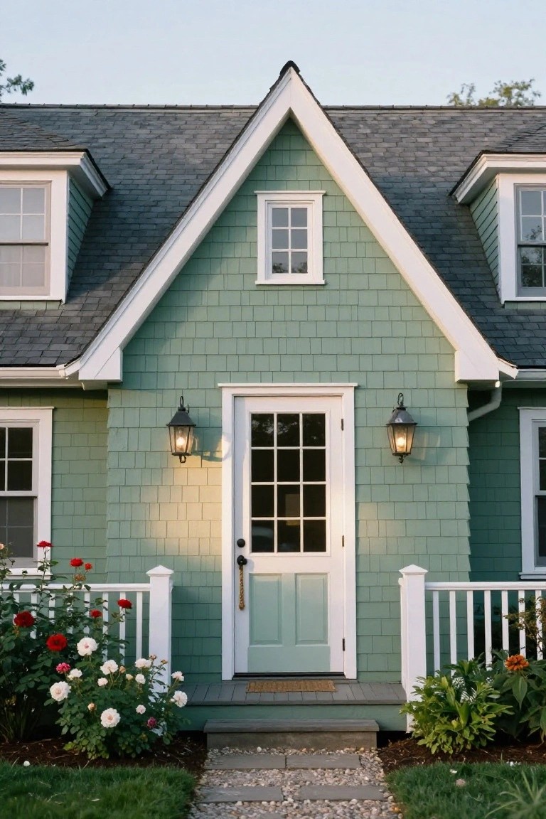 Sage green shingle house exterior with white trim, gabled roof, blue front door in white frame, black lanterns on either side, white porch railing with rose bushes, and stone path to entry.