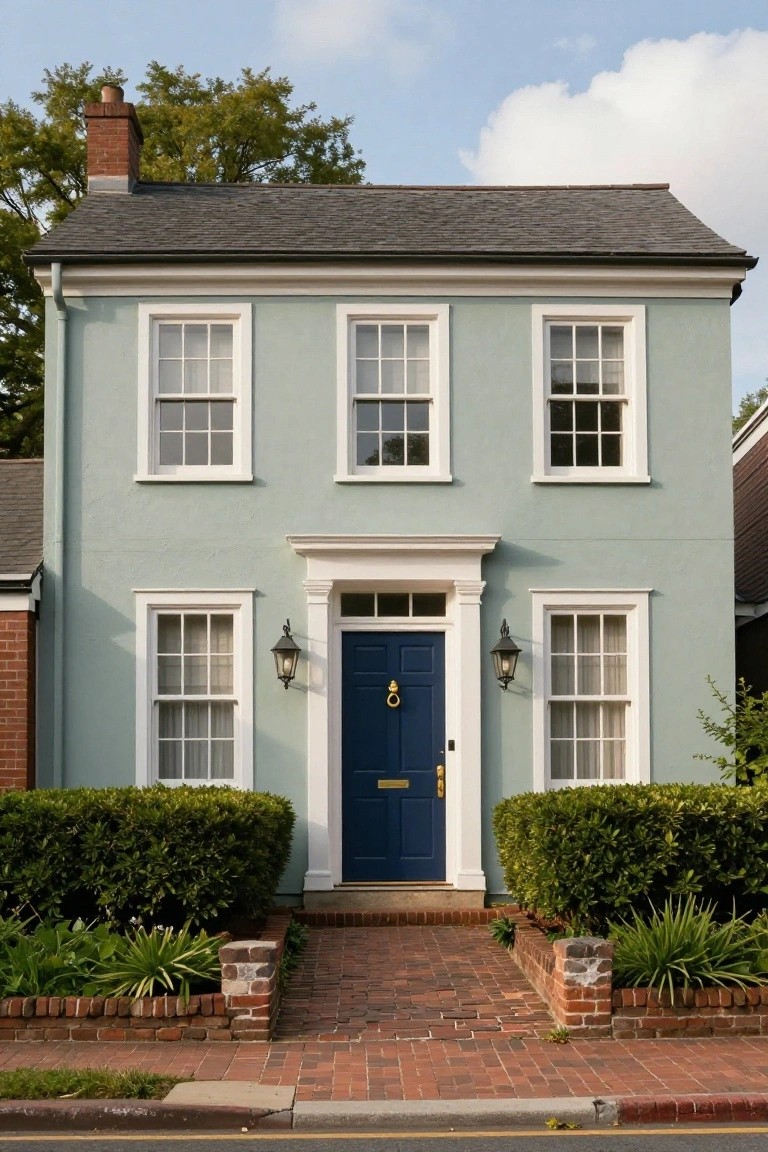 Two-story rectangular house painted sage green with white trim around multiple double-hung windows, a centered navy blue front door with brass knocker and letter slot, flanked by lanterns, boxwood shrubs on brick edging, and a brick walkway leading to the street.