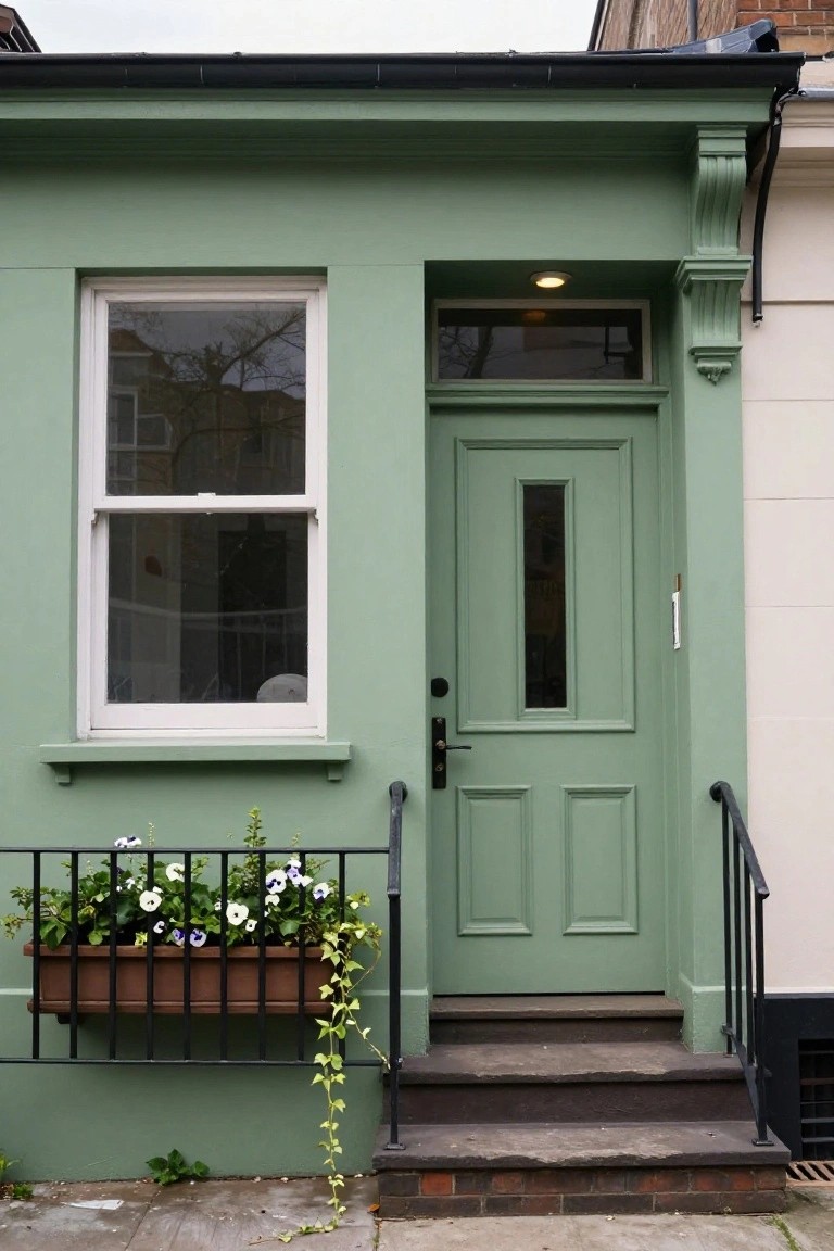 Sage green painted terraced house exterior with matching paneled front door featuring narrow glass panel, white sash window to the left, black metal railing enclosing a flower window box, and short steps to the entrance.