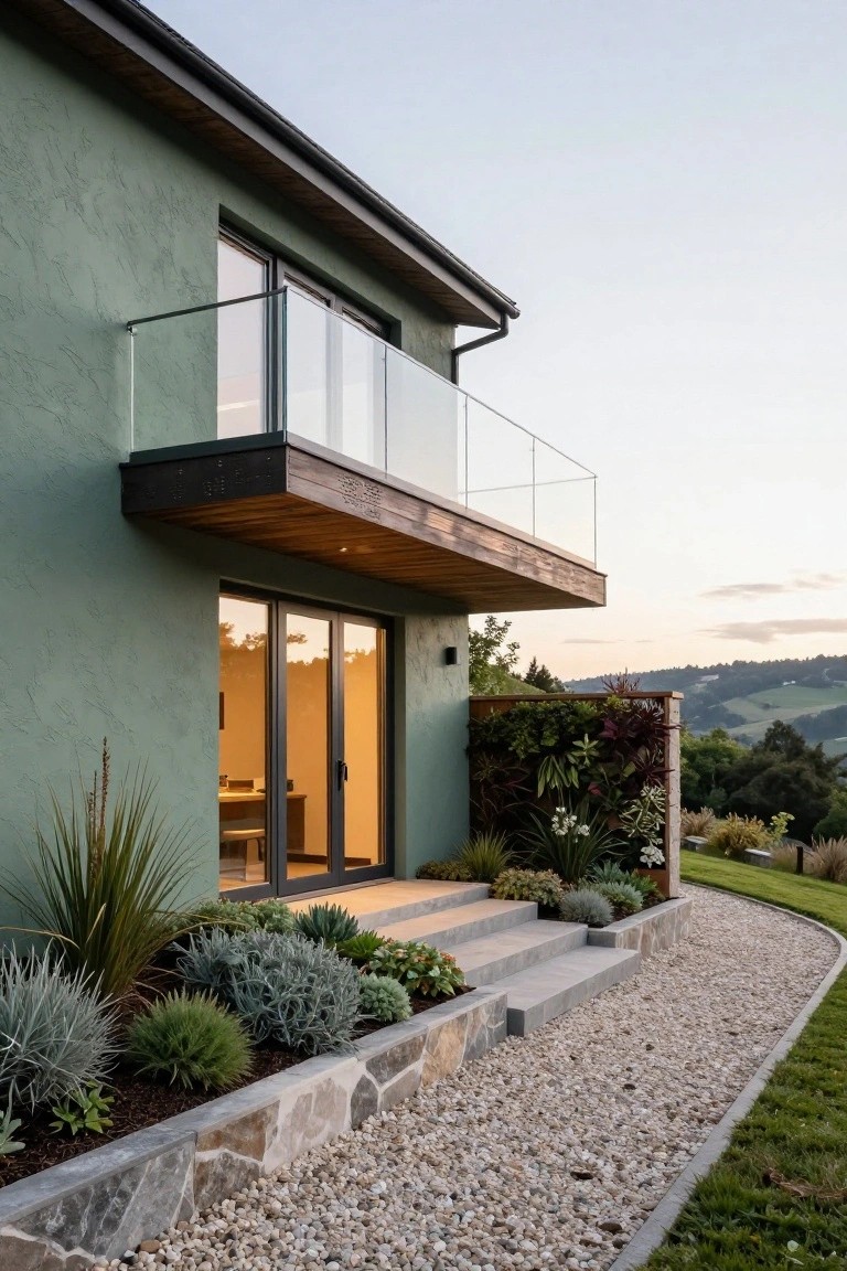 Side exterior of a sage green stucco house featuring a cantilevered wooden balcony with glass railings, glass entry doors below, concrete steps, gravel path, stone retaining wall, and drought-tolerant plants in a garden bed.
