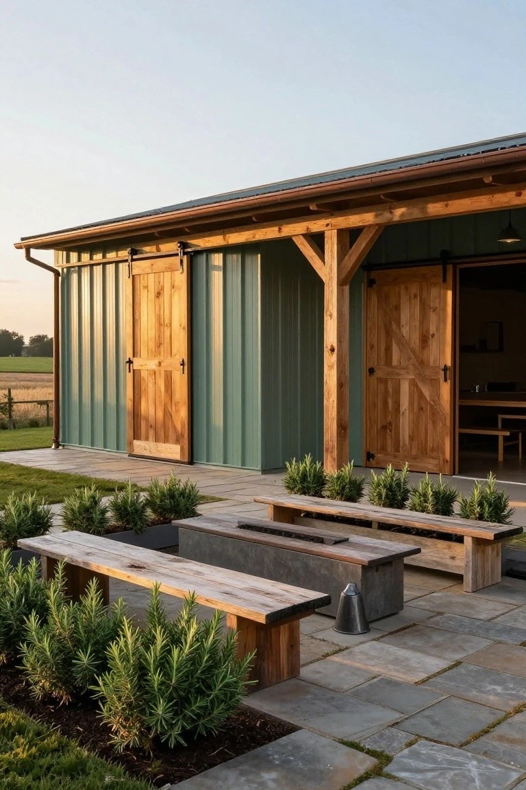 Sage green corrugated metal barn structure with large wooden sliding barn doors, timber beam porch supports, stone paver patio, wooden benches, metal fire pit, potted rosemary plants, and surrounding grass and fields at dusk.