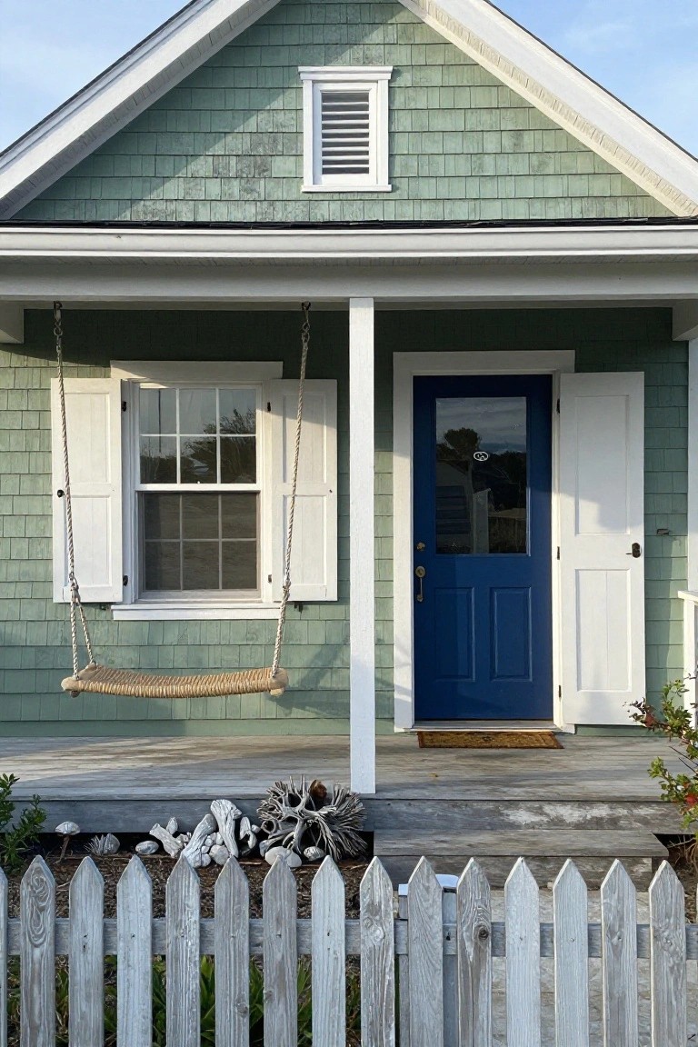 Sage green shingled house exterior with gable roof, white trim, open white shutters, navy blue front door with glass panel, porch swing, welcome mat, driftwood decor on porch, and white picket fence in front.