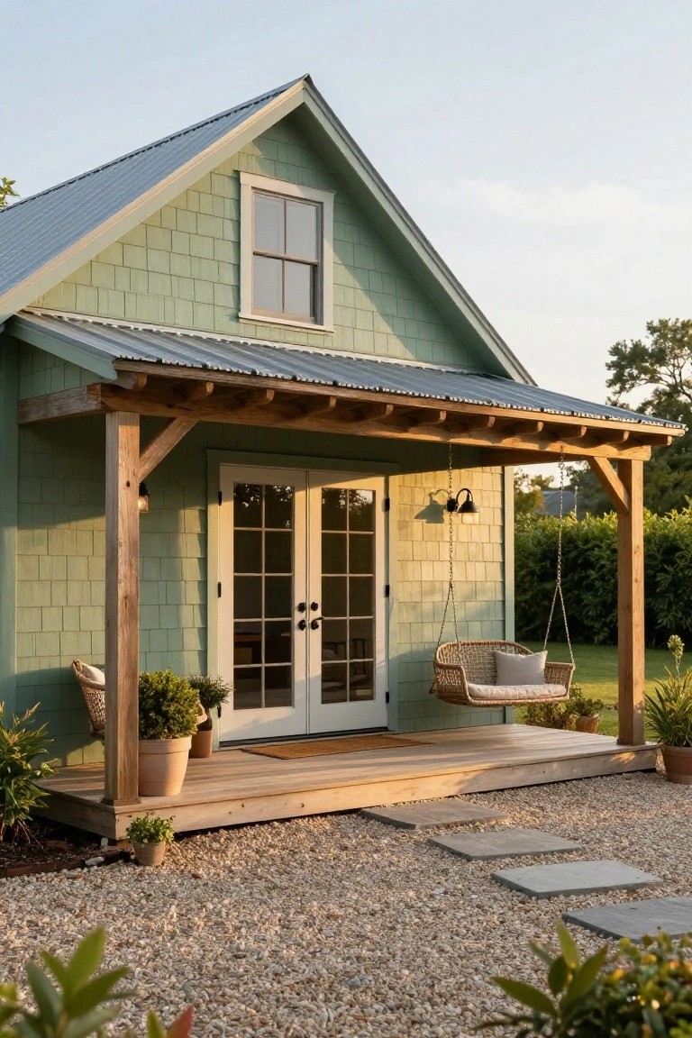 Small sage green house with shingle siding, gable roof covered in corrugated metal, covered wooden porch with posts, hanging wicker swing, potted plants, and gravel yard with stone steps.