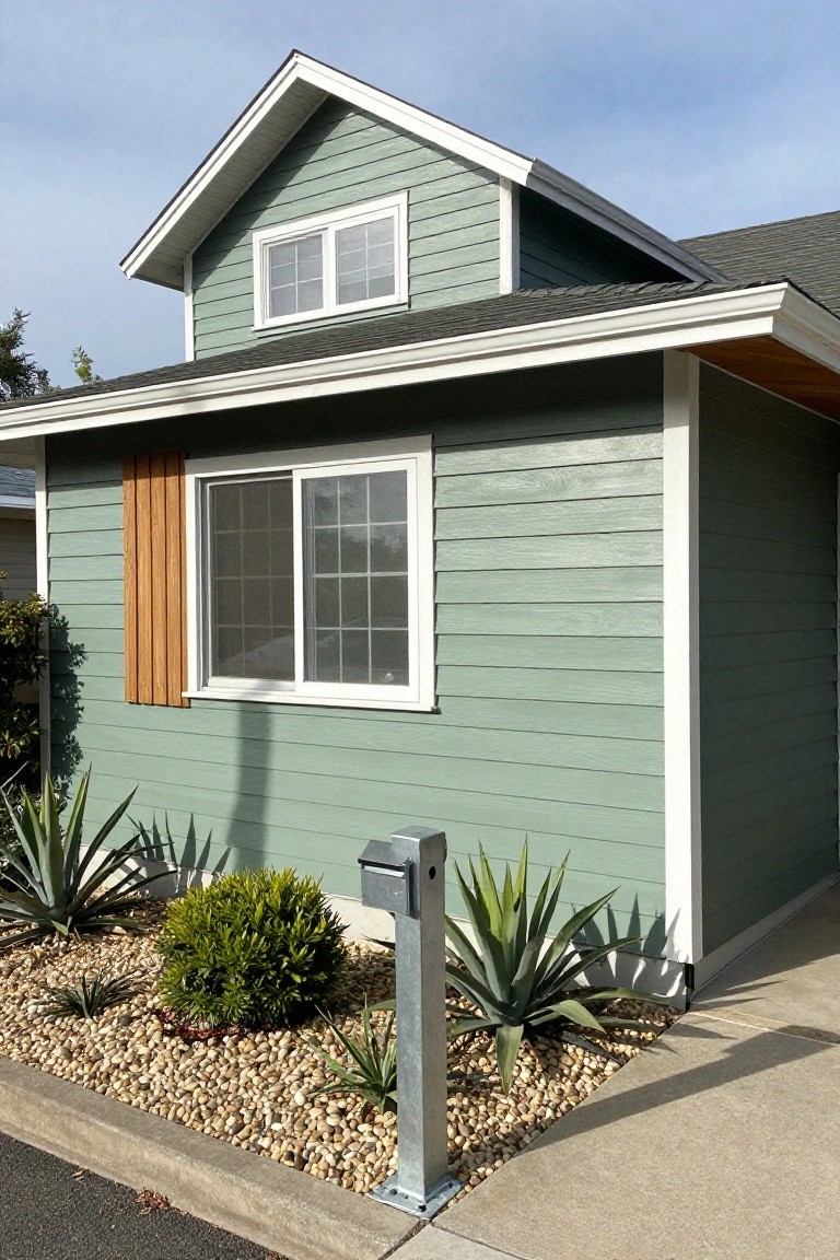 Side view of a sage green house with horizontal siding, white trim, gabled roof extension, large windows, wooden vertical accents, dark shingles, metal mailbox post, and gravel landscaping with agave plants and boxwood shrub.