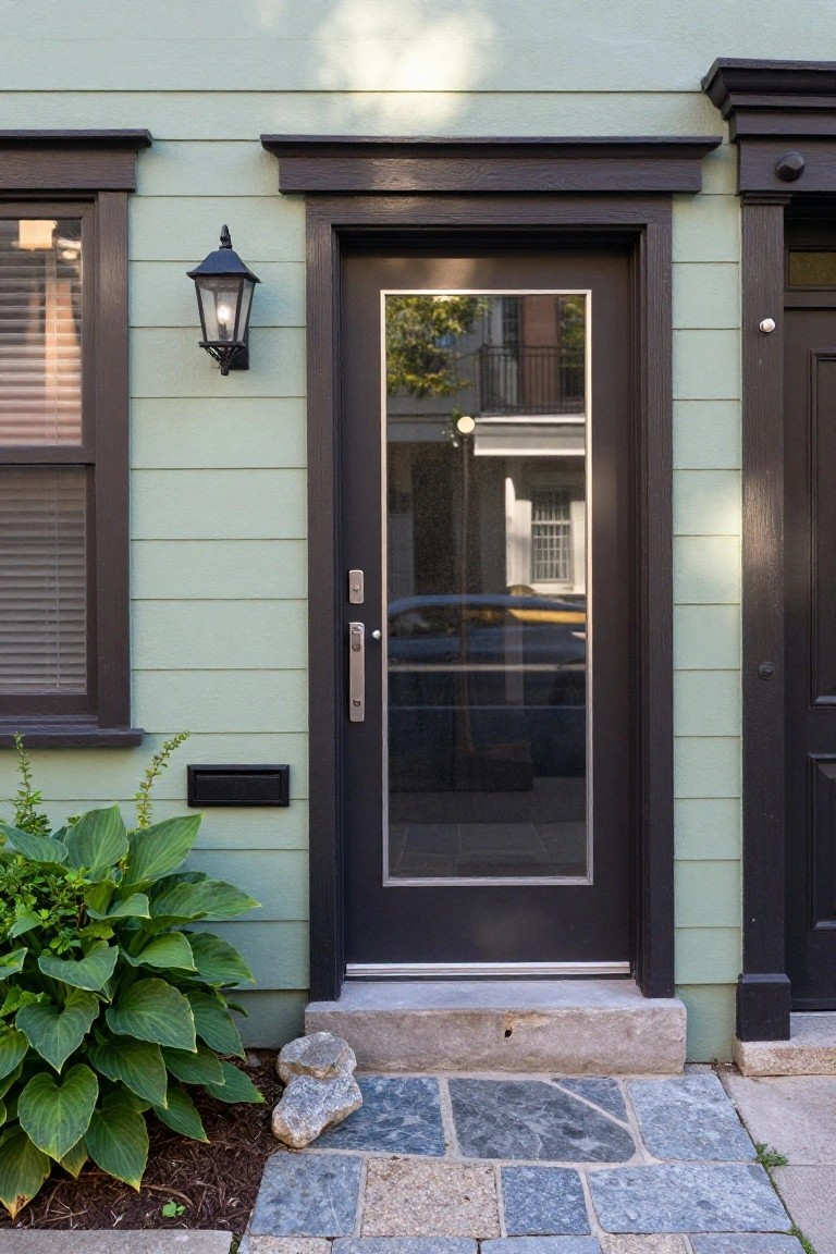 Sage green clapboard house exterior with dark wood trim around a glass-paneled front door, a black lantern light, hosta plants, and a stone pathway leading to the stoop.