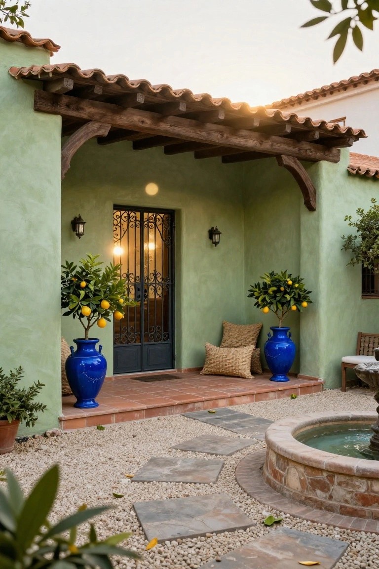 Sage green stucco house exterior featuring a covered wooden beam porch, black wrought iron double doors, blue ceramic pots with lemon trees on either side, terracotta steps, gravel path, and a stone fountain nearby.